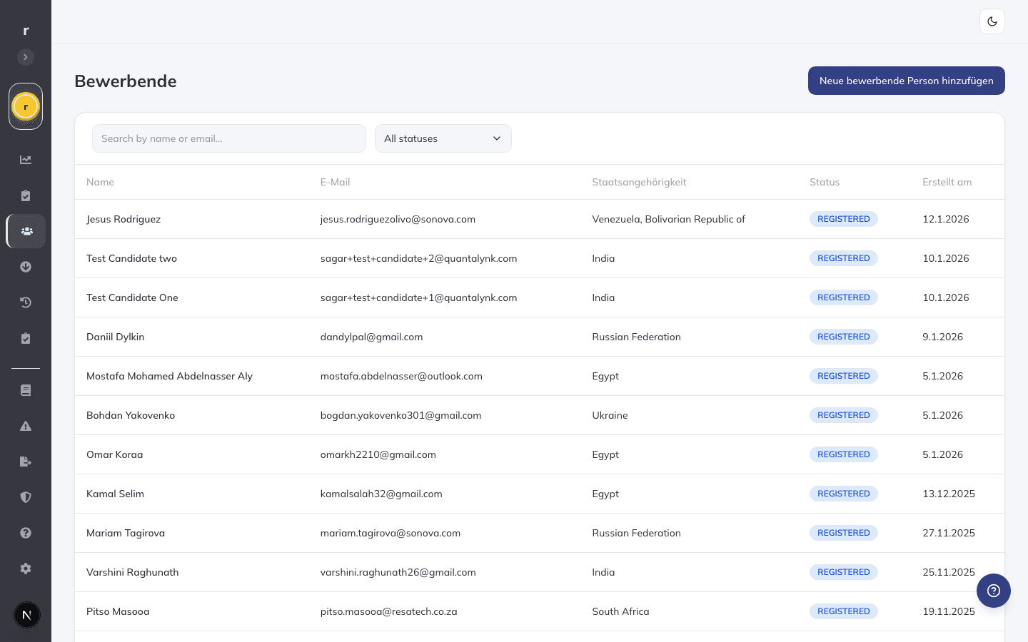 Relokate-Dashboard mit Bewerbendenverwaltung